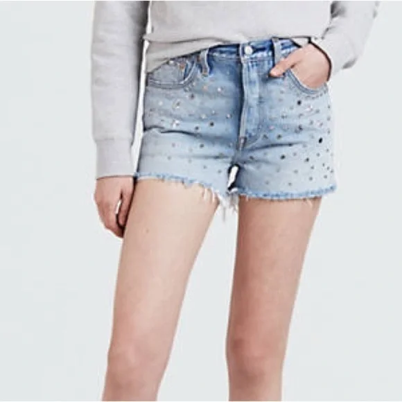 Levi's 501 High Rise Embellished Asteroid Studs Light Wash Cutoff Shorts sz 24 - Picture 8 of 10